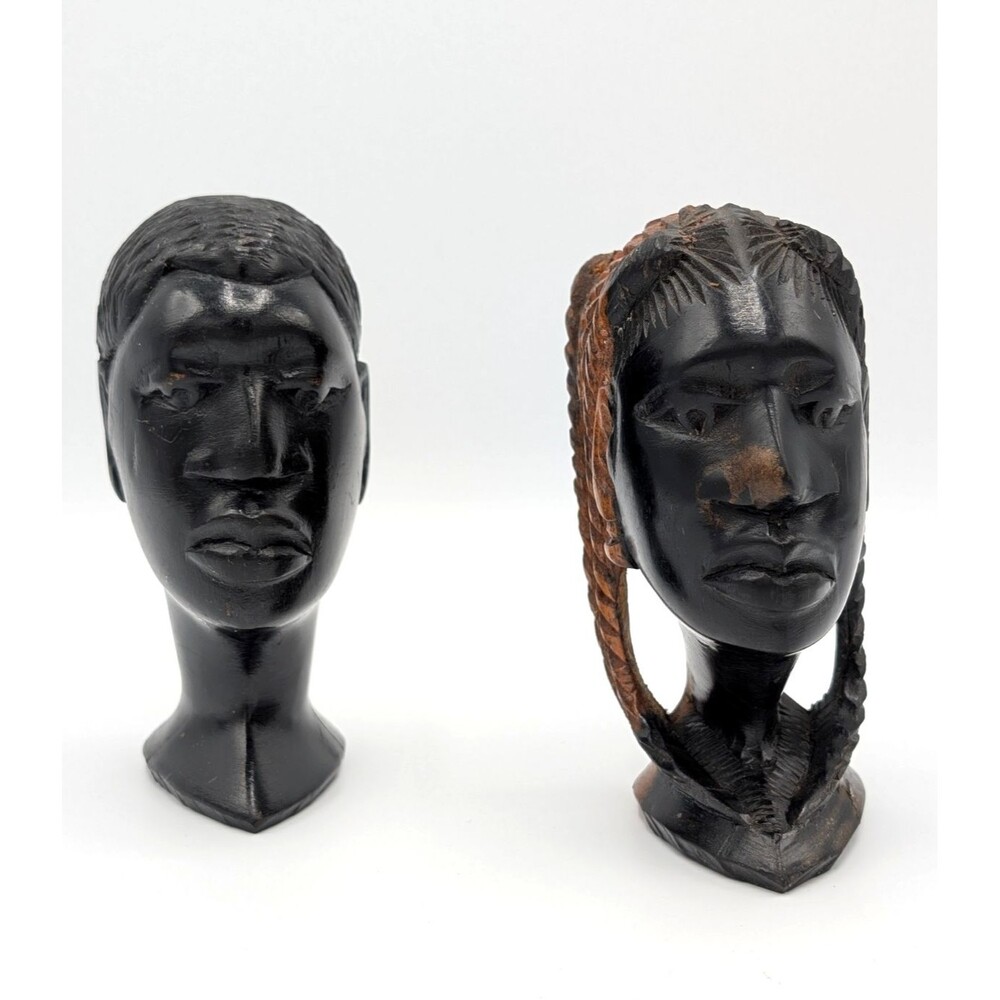 African Wooden Sculpture Folk Art 5” Man and Women Bust Hand Carved